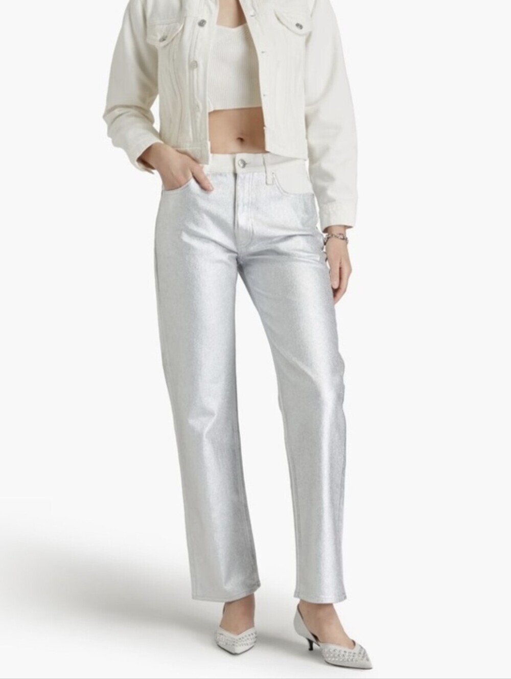 Rag N Bone Harlow Metallic White Mid Rise Straight Leg Jeans Size 30